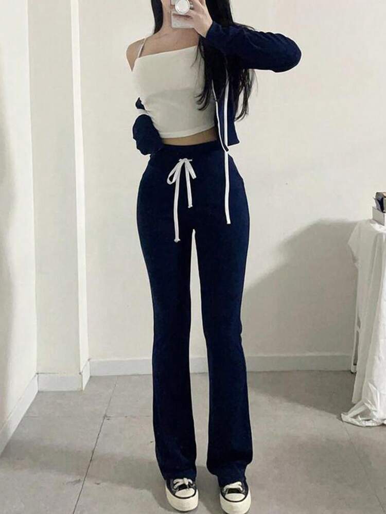 2pcs/Set Women Solid Color Hooded Cropped Top And Skinny Flared Pants Suit, Casual Sports Wear For Spring/Autumn,Fall Women Clothes Lounge Sets For Women