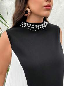 SHEIN LUNE SHEINLUNE Damen Große Größen Midi-Kleid im A-Linie Stil mit Farbblockmustern und Perlenbesatz, Sommeroutfit für Frauen, süße Sommerkleider für Frauen, Abschlusskleid, Brunch-Outfit für Frauen, Kreuzfahrt-Outfit für Frauen, Fairycore elegante Outfits für Frauen - Schwarz - Übersicht 3