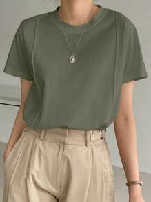 Dazy-Less Kaos Wanita Lengan Pendek Warna Polos Minimalis dengan Detail Garis Patchwork, Gaya Klasik, Kasual Bisnis untuk Wanita - Olive Green - View 6