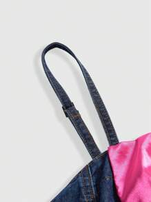 ROMWE J-Fashion Đầm denim dây đơn hàng khuy bèo nhún viền nơ trang trí cho nữ - Rửa trung bình - Xem 3