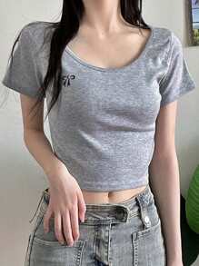 DAZY Women's Oversized Round Neck Letter Embroidery Cropped Short Sleeve T-Shirt With Bow, Grey, Spring/Summer