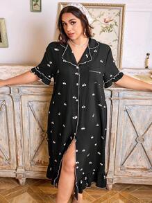 CottageSlumber Plus Size Floral Cherry Print Ruffle Collar Open Front Nightgown, Moo Moo Sleep Dress Cozy And Elegant Details - Black - View 4