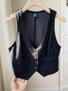 Comfortcana Spring Break1pc Button Front Crop Waistcoat In Fall/Winter - Black - View 6