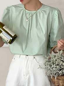 DAZY Women's Solid Color Puff Sleeve Tie Front Loose Fit Short Sleeve Mint Green Blouse, Spring/Summer - Mint Green - View 5