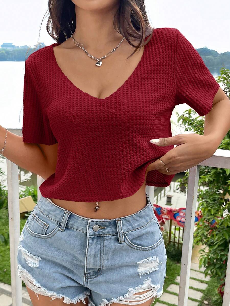 SHEIN EZwear Women's Knitted Red Short Sleeve V-Neck Cropped T-Shirt, Waffle Knit Crop Top For Summer