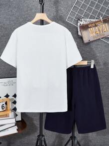 2pcs/Set Teen Boys' Casual Patchwork Crew Neck Outfit - Navy Blue - View 2