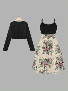 SHEIN Clasi Set da 2 pezzi composto da cardigan tinta unita e top canottiera con stampa floreale da donna taglia comoda, outfit elegante per primavera/autunno