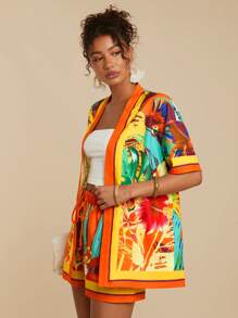 Travachic Summer Outing Holiday Date Set, Women's Shirt And Shorts Multi-Color Casual Printed Vacation Beach Two-Piece Set, Outing Date, Women's Summer Vacation Outfit, Summer Beach Holiday Two-Piece Set, Back-To-School Outfit, Very Simple Outfit, Office Outfit, Old Money Outfit, Teacher Outfit, Date Outfit, Casual Outfit For Going Out To Best Friend Afternoon Tea And Shopping, Outfit For Going Out To Music Festival, Vacation Outfits Woman Sets Island Vacation Outfits - Multicolor - View 5