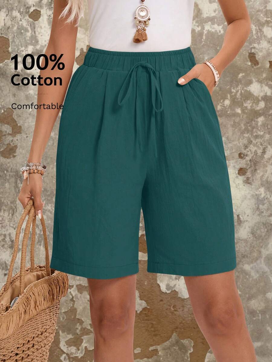 EMERY ROSE Quần short nữ mùa hè co giãn màu trơn có túi chéo, quần short cotton thoải mái - Màu xanh Cadet - Xem 1