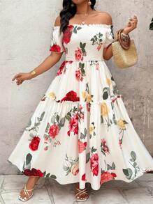 SHEIN Clasi Elegant Commuting, Romantic Vacation Style, Simple Casual Women's Fashion Floral Print, Versatile, Comfortable Fabric Off Shoulder, Chest Shirred Front & Back, Short Sleeve, Spliced Dress Hemline Long Dress, White, Plus Size - White - View 5