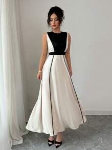 Elenzga Damen elegantes Midi-Kleid mit Farbblockdesign, ärmelloser Taille-Gestaltung