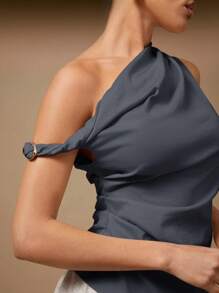 Hauture 女士夏季不对称肩部褶饰上衣，夏季上衣，适合日常、约会之夜、音乐会、表演、派对、俱乐部 - 藍色 - 查看 2