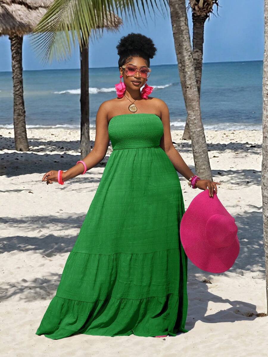 Slaydiva Plus Size Solid Green Holiday Casual Style Strapless Dress,Summer Dresses For Women - Green - View 1
