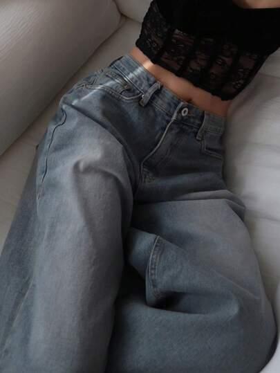 Strévra Jeans acampanados con bolsillos, de talle regular y corte holgado, para uso diario