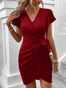 SHEIN Clasi Vestido casual de mujer de verano de manga corta con unicolor y diseño simple - Rojo - Ver 3