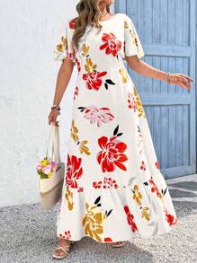 SHEIN Clasi Vestido casual con estampado floral, mangas con volantes y talla grande para mujer - Multicolor - Ver 4