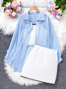 2pcs Tween Girls' Casual Vacation Shirt & Spaghetti Strap Skirt Set - Multicolor - View 1