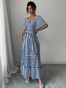 Elenzga Women Striped Ruffle Sleeve Cinched Waist Elegant Midi Dress - Royal Blue - View 4