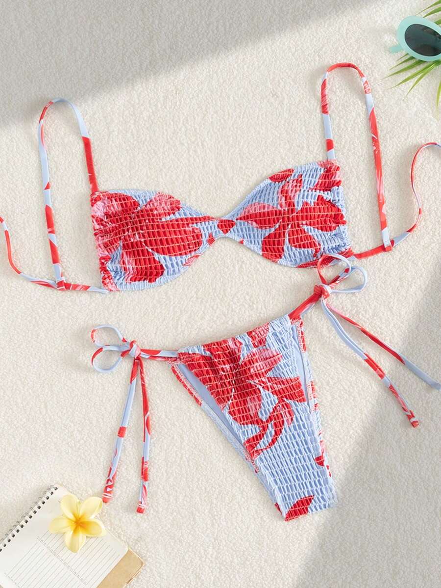 Swim Mod 女式细肩带短款上衣和前系带短裤两件套比基尼套装，时尚女士沙滩装夏季套装 - 彩色 - 查看 1