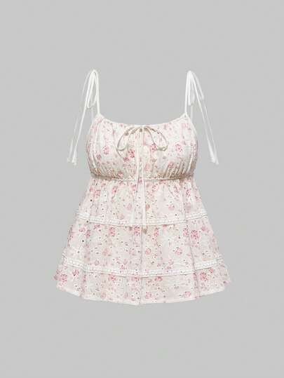 Kawaii Summer Beach Vacation Cute Pure Ditsy Floral Printed Spaghetti Strap Tie Bow White & Pink Women Camisole