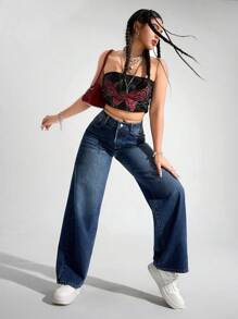 SHEIN PETITE 休闲水洗低腰直筒牛仔裤 - 深色水洗藍 - 查看 4