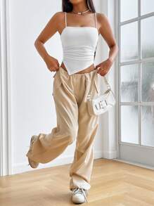 SHEIN EZwear Áo khoác và áo lót dành cho xe tăng nữ Dây kéo Gân đan Bất đối xứng màu trơn Giải trí - trắng - Xem 6