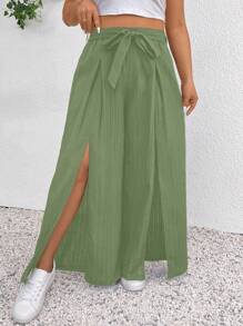 SHEIN Frenchy 大码女式时尚休闲黑色长裤，配腰带、开衩设计和蝴蝶结 - 綠色 - 查看 1