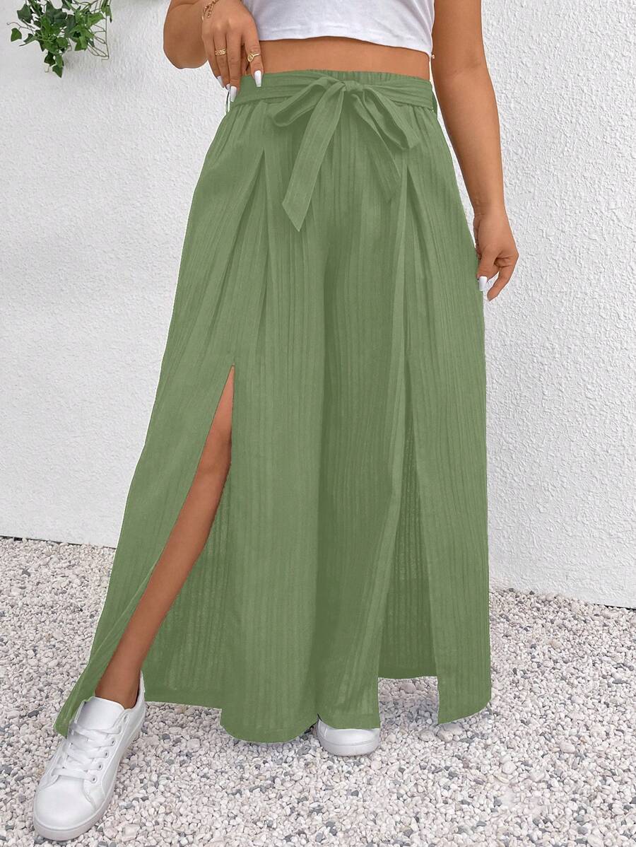 SHEIN Frenchy 大码女式时尚休闲黑色长裤，配腰带、开衩设计和蝴蝶结 - 綠色 - 查看 1