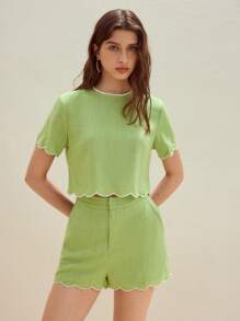 MOTF STUDIO LINEN EMBROIDERY SCALLOP TRIM BLOUSE - Green - View 5