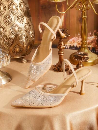 CUCCOO TILAWA صنادل مسطحة مزخرفة بحبات الراين وحمالات من شبك باللون المشمشي للنساء، مناسبة للذهاب للعمل والتنزه والحفلات والأعراس والمناسبات الأخرى