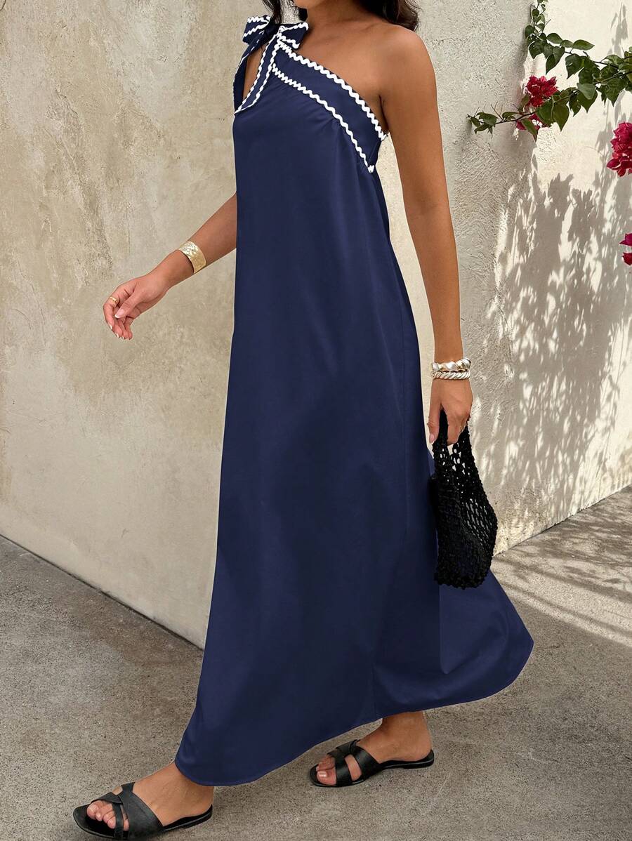 Selianne Women's Loose Long Dress With Wave Ruffle Trim - Navy Blue - View 1