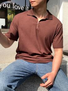 SHEIN Camisa polo marrón de ajuste minimalista y texturizado para niños adolescentes, de estilo casual escolar, cómodo y de moda, versátil para uso diario, escuela, viajes, deporte, vacaciones en la playa
