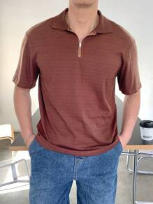 SHEIN Camisa polo marrón de ajuste minimalista y texturizado para niños adolescentes, de estilo casual escolar, cómodo y de moda, versátil para uso diario, escuela, viajes, deporte, vacaciones en la playa