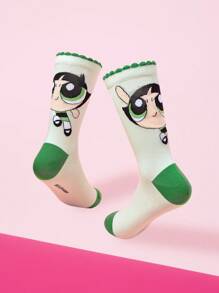 THE POWERPUFF GIRLS X SHEIN 1 Paar Damen Socken mit Butterblumen Muster in Kontrastfarbe
