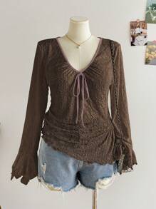 Soleia Plus Size Women Spring Holiday Valentine's Coffee Color Hollow Floral Fabric V-Neck Bow Asymmetric Ruched Hem Long Sleeve T-Shirt Blouse Women Summer Clothing Women Clothing Y2k Women Summer Shirts - Coffee Brown - View 8