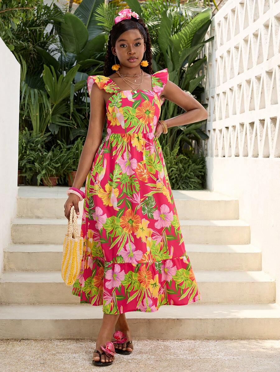 SHEIN Robe longue à col carré et manches courtes avec motif floral, robe d'été de vacances pour les adolescentes - Multicolore - Voir 1