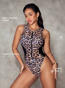 SHEIN Swim 1pc Women's Multicolor Print Patchwork Zip-Up One-Piece Swimsuit For Summer Beach Vacation - Multicolor - View 8