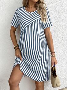 SHEIN Casual Blue And White Striped Maternity Dress With Short Sleeves And Round Neck - Blue and White - View 3