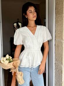 Serisse Áo sơ mi tay bồng thêu trơn màu đơn giản cho nữ, mùa hè - Màu be - Xem 3