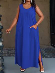 Maweii 大码女式纯色无袖休闲连衣裙长款女装 - 藍色 - 查看 3