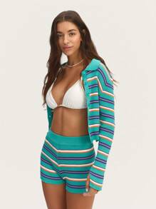 SHEIN Unity كارديجان محبوك مخطط بألوان صيفية زاهية، مع تصميم قصير وإغلاق بأزرار، مثالي للارتداء فوق الملابس اليومية أو الملابس الشاطئية