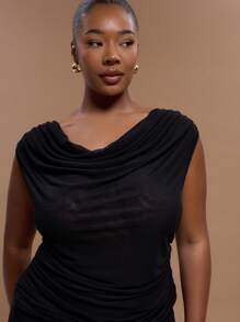 MUSERA Plus Size Ruched Cowl Neck Tank Top Elegant Classy Holiday Cute Holiday - Black - View 4