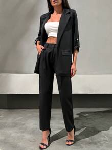 EURMUSE Women Solid Color Suit Set Blazer Jacket And Suit Pants Sets - Black - View 3