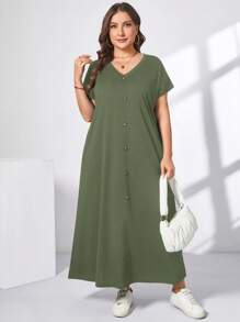 SHEIN Essnce 大码女装春夏时尚休闲宽松舒适日常短袖绿色V领口袋长裙，女装夏季服装，女装教堂服装，老钱风格女装，女装教师服装，女装机场服装，极简主义风格 - 軍綠色 - 查看 2