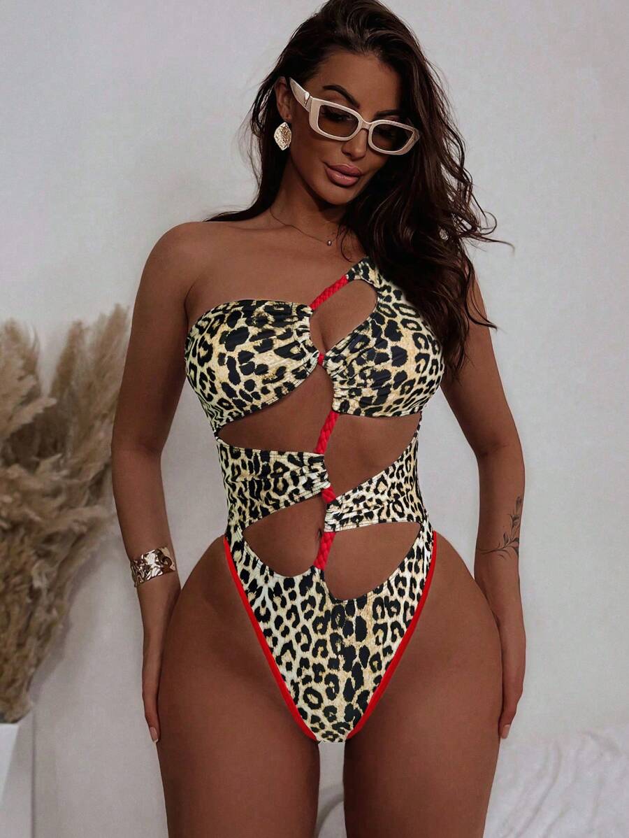 Swim SXY Leopard Print Hollow One-Piece Swimsuit For Beach/Vacation For Summer - Multicolor - View 1