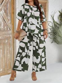 EMERY ROSE Plus Size Women's White Holiday Summer Vacation Two-Piece Suit,Geometric Color Block Print Asymmetrical Round Neck Short Sleeve Top & Wide Leg Pants - Multicolor - View 5