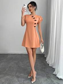 SHEIN Unity Vestido corto de manga corta con decoración de botón de estilo retro chino - Naranja - Ver 5