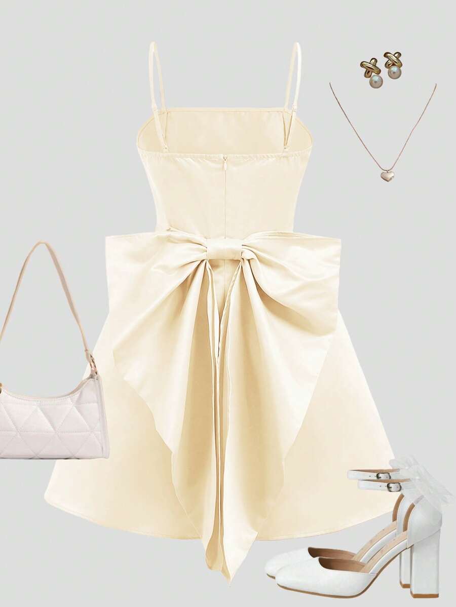 SHEIN Girlism 少女纯色缎面后背可拆卸大蝴蝶结休闲吊带裙 - 杏色 - 查看 1