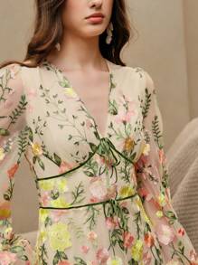 Anewsta Women's Elegant Long Mesh Embroidery Long Sleeve Loose Casual Dress For Resort, Pink - Yellow - View 4