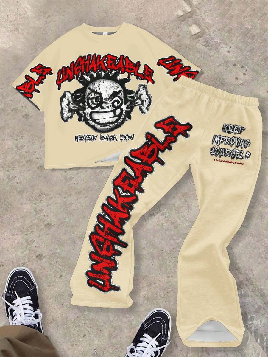 SHEIN Leap Crew 2pcs/Set Teen Boy Casual Round Neck Printed T-Shirt & Bell Bottom Sweatpants Set, Suitable For Spring & Summer - Multicolor - View 1